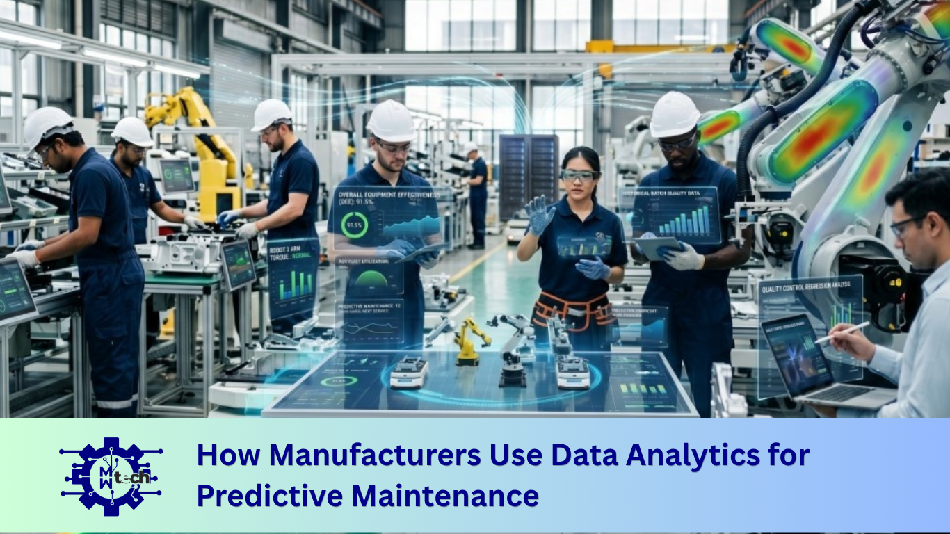 Manufacturing engineers using data analytics dashboards, AI monitoring systems, and industrial automation technology for predictive maintenance in a smart factory environment.