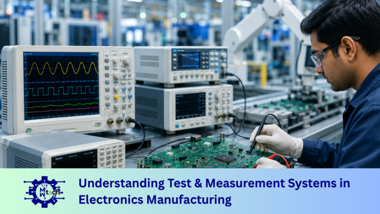 Engineer testing a printed circuit board using advanced electronic test and measurement equipment in a modern electronics manufacturing facility.