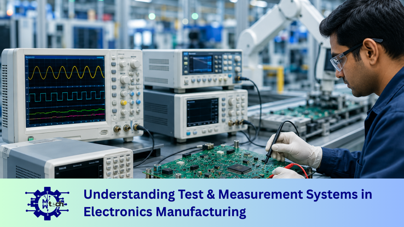 Engineer testing a printed circuit board using advanced electronic test and measurement equipment in a modern electronics manufacturing facility.