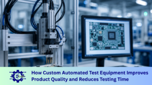 Custom automated test equipment performing precision PCB testing to improve product quality, reduce testing time, and ensure reliable manufacturing.