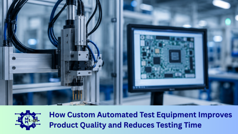Custom automated test equipment performing precision PCB testing to improve product quality, reduce testing time, and ensure reliable manufacturing.